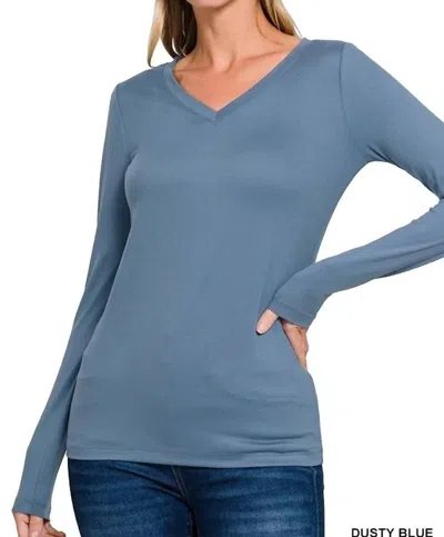 Zenana Back To Basic V-neck Long Sleeve In Blue