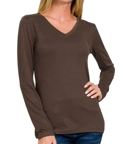 Zenana Back To Basic V-neck Long Sleeve In Brown