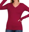 Zenana Back To Basic V-neck Long Sleeve In Cabernet In Red