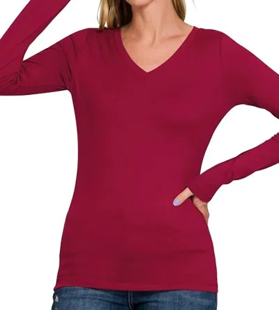 Zenana Back To Basic V-neck Long Sleeve In Cabernet In Red