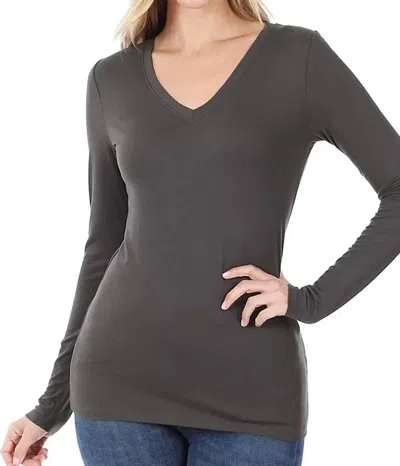 Zenana Back To Basic V-neck Long Sleeve In Grey