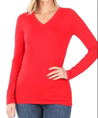 Zenana Back To Basic V-neck Long Sleeve In Red