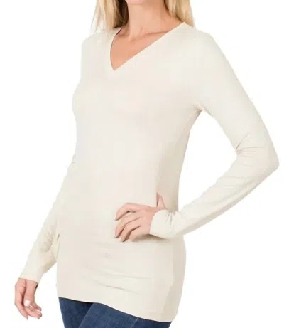 Zenana Back To Basic V-neck Long Sleeve In Sand Beige In Multi
