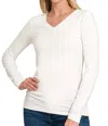 Zenana Back To Basic V-neck Long Sleeve In White In White