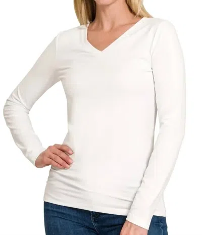 Zenana Back To Basic V-neck Long Sleeve In White