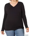 Zenana Back To Basic V-neck Long Sleeve Tee - Plus In Black In Black