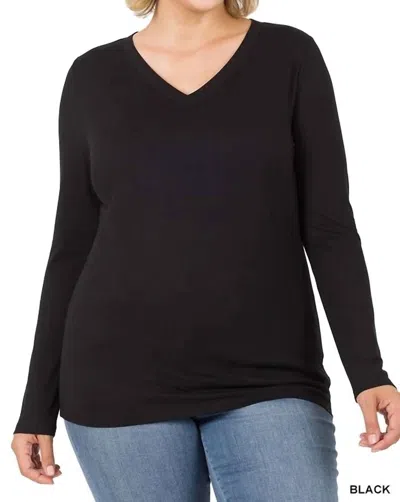 Zenana Back To Basic V-neck Long Sleeve Tee - Plus In Black