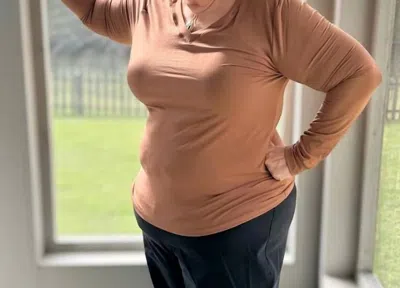 Zenana Back To Basic V-neck Long Sleeve Tee - Plus In Camel In Brown
