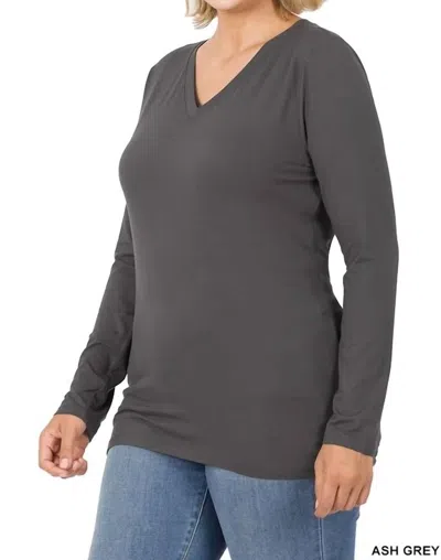 Zenana Back To Basic V-neck Long Sleeve Tee - Plus In Gray In Grey