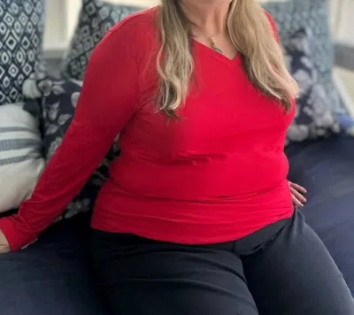 Zenana Back To Basic V-neck Long Sleeve Tee - Plus In Red