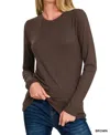 Zenana Back To Basics Round Neck Long Sleeves Tee - Plus In Brown In Brown