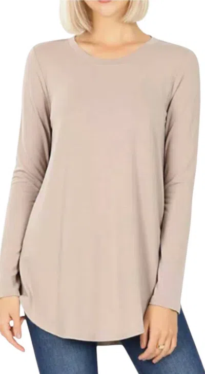 Zenana Basic Long Sleeve Crewneck Top In Ash Mocha In Multi