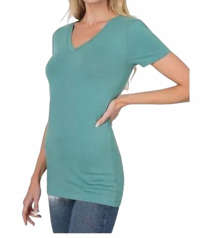 Zenana Basic V Neck Tee In Dusty Teal In Green