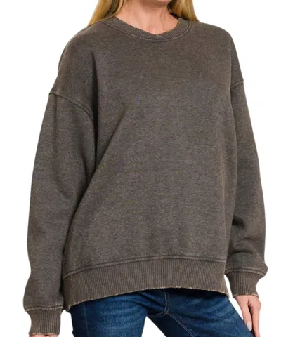 Zenana Blackout Comfort Crewneck Top In Gray