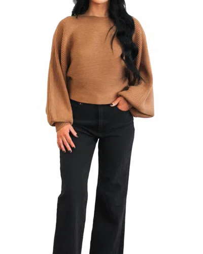 Zenana Boat Neck Balloon Sleeve Sweater In Deep Camel In Brown