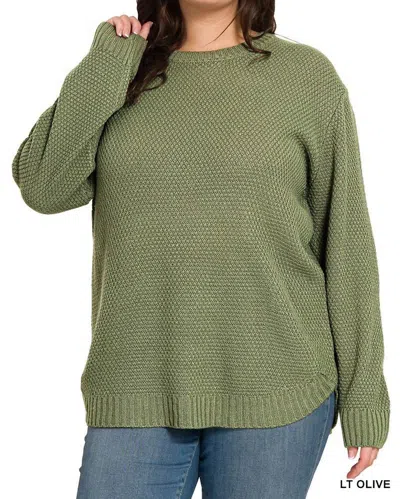 Zenana Brooklyn Round Neck Sweater Plus In Light Olive In Green