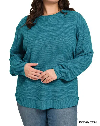 Zenana Brooklyn Round Neck Sweater Plus In Ocean Teal In Green