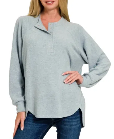 Zenana Brushed Hacci Oversized Henley Sweater In Blue Grey
