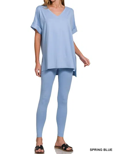 Zenana Brushed Loungewear Set In Spring Blue