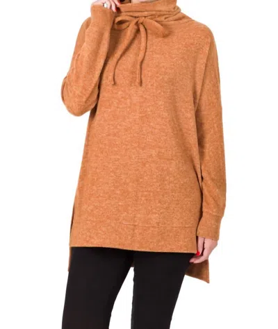 Zenana Brushed Melange Funnel Neck Sweater In Almond In Orange