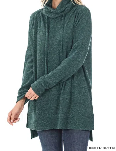 Zenana Brushed Melange Funnel Neck Sweater In Hunter Green