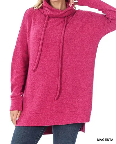 Zenana Brushed Melange Funnel Neck Sweater In Magenta In Pink