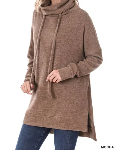 Zenana Brushed Melange Funnel Neck Sweater In Mocha In Brown