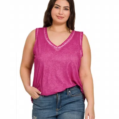Zenana Burnout V-neck Tank Top - Plus In Magenta In Pink