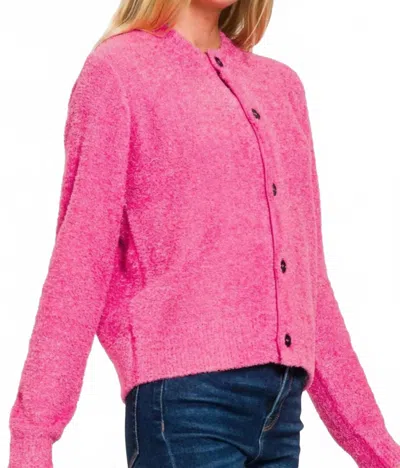 Zenana Button Down Long Sleeve Sweater Cardigan In Fuchsia