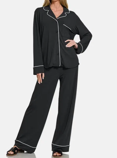 Zenana Button Down Long Sleeve Top And Pants Lounge Set In Black In Blue