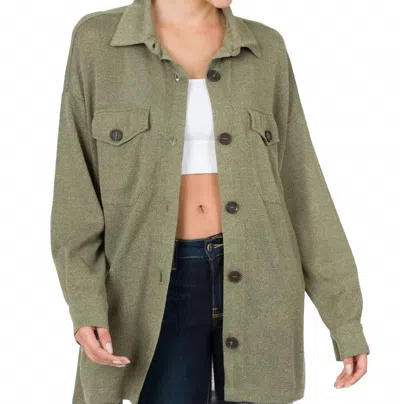 Zenana Button Down Shacket In Light Olive In Green