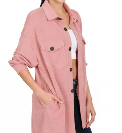 Zenana Button Down Shacket In Light Rose In Pink
