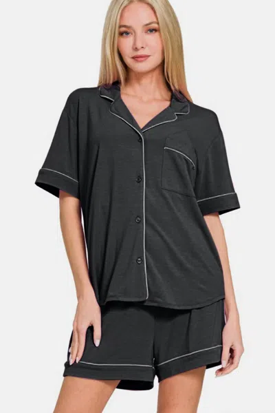 Zenana Button Down Short Sleeve Top And Shorts Lounge Set In Black