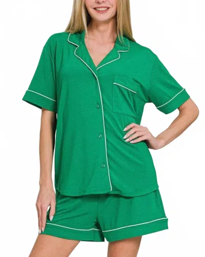 Zenana Button Down Short Sleeve Top And Shorts Lounge Set In Kelly Green