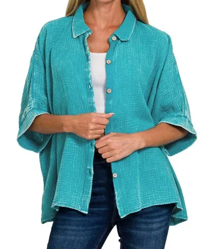 Zenana Button Up Gauze Top In Blue