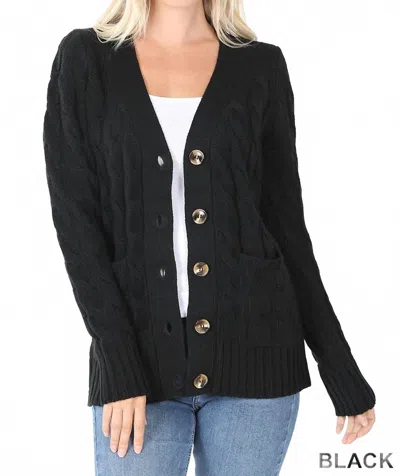 Zenana Cable Knit Button Cardigan Pockets In Black