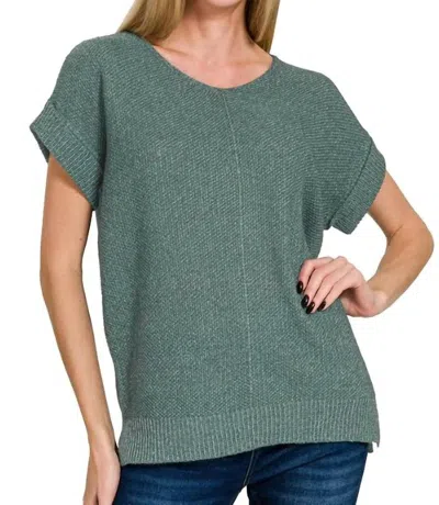 Zenana Centre Seam Short Sleeves Knit Top In Jade Green In Neutral