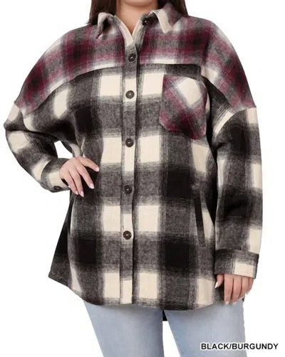 Zenana Colorblock Plaid Longline Shacket In Black And Burgundy In Multi