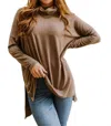Zenana Comfort First Cowl Neck Hi-low Long Sleeve Top In Brown In Brown