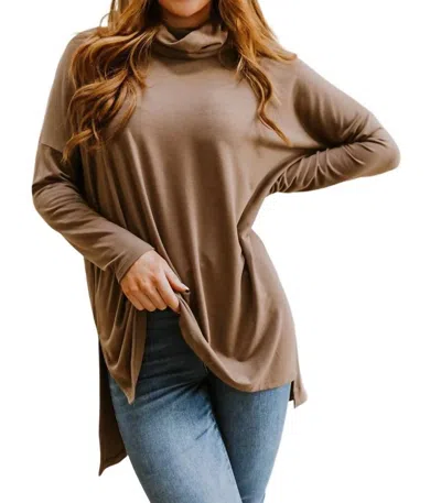 Zenana Comfort First Cowl Neck Hi-low Long Sleeve Top In Brown