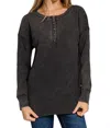 Zenana Comfy Casual Waffle Henley Top In Ash Black In Multi