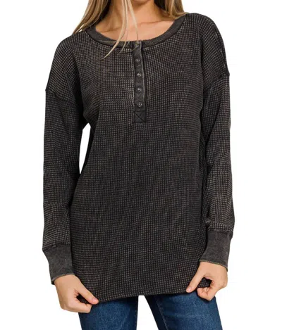 Zenana Comfy Casual Waffle Henley Top In Ash Black In Multi