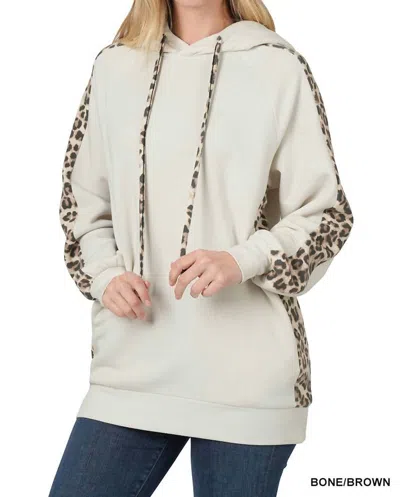 Zenana Contrast Side Panel Leopard Hoodie In Bone/brown In Multi