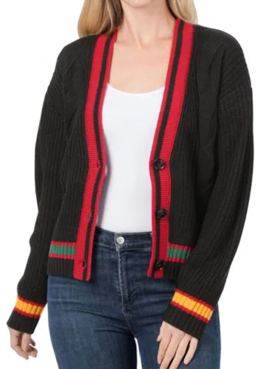 Zenana Contrast Trim Cable Knit Cardigan In Black
