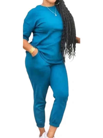 Zenana Cotton Jogger Set In Teal In Blue