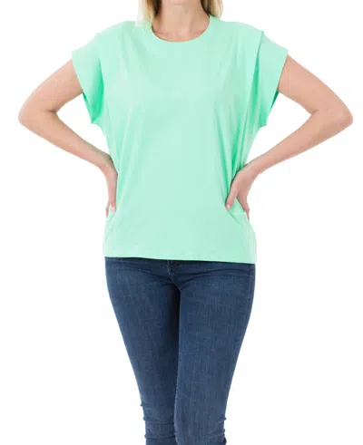 Zenana Cotton Round Neck Pleated Shoulder Top In Mint In Green