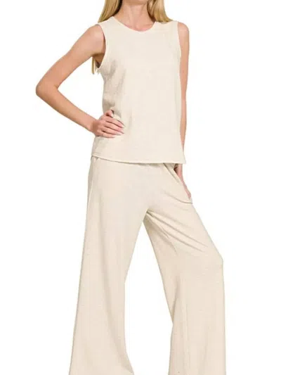 Zenana Cotton Slub Tank & Pants Set In Sand Beige In Neutral