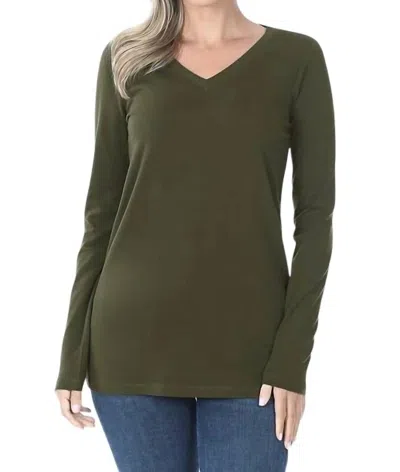 Zenana Cotton V-neck Long Sleeve In Dark Olive In Green