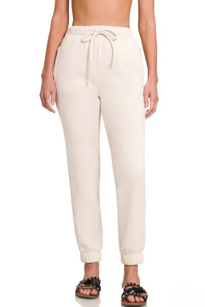 Zenana Cozy Fleece Jogger Pants In Beige In Neutral