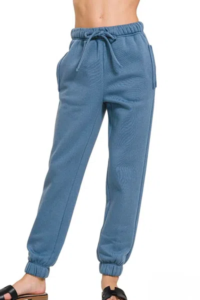 Zenana Cozy Fleece Jogger Pants In Dusty Blue